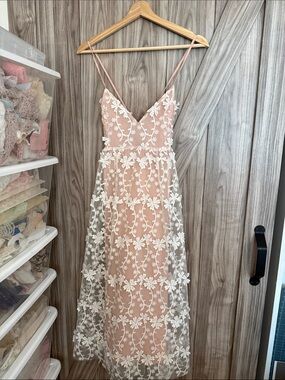 Blush Pink Slip Dress with White Floral Lace Overlay